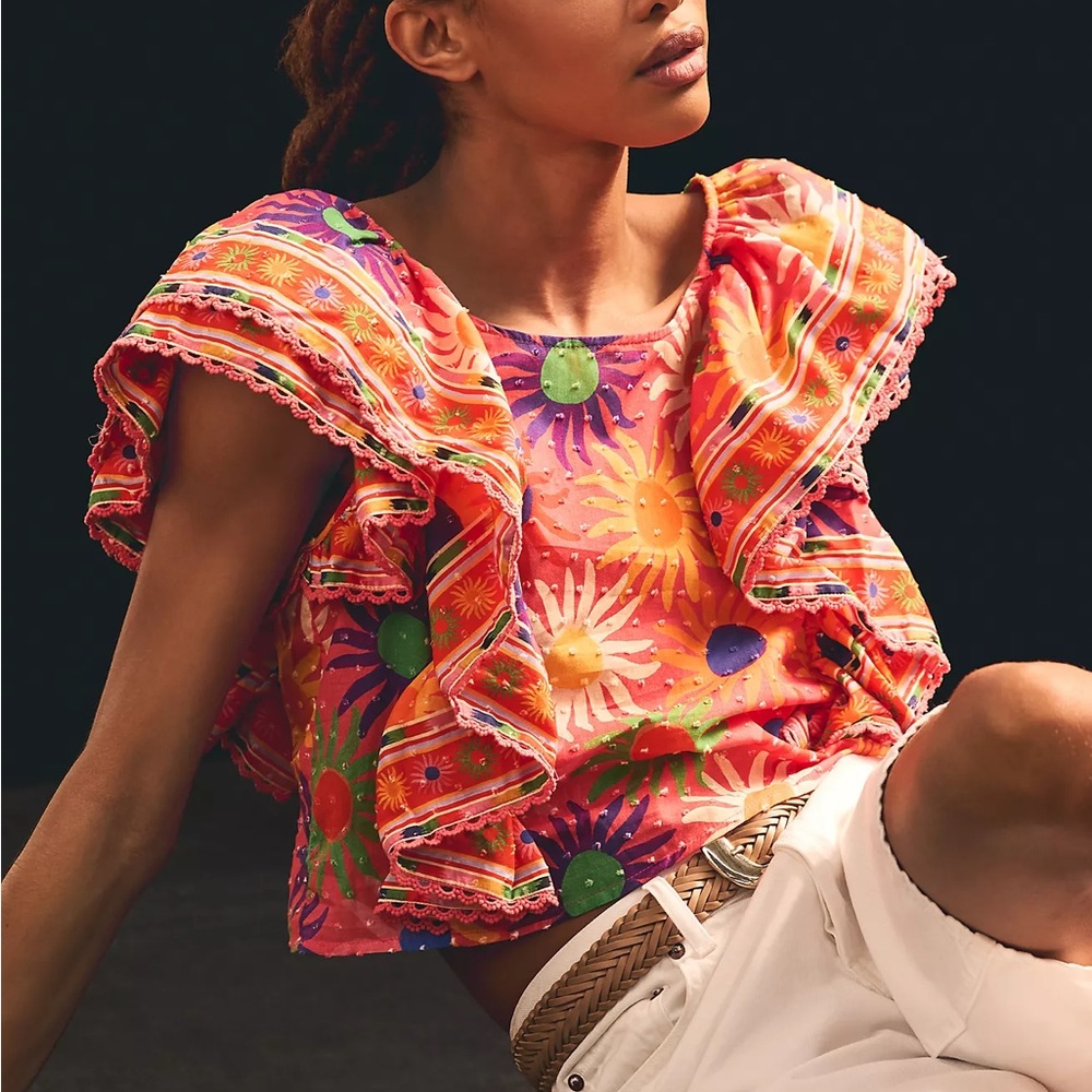 Farm Rio Flutter-Sleeve Cropped Blouse small